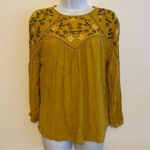 Golden Yellow Floral Embroidered Top Small Boho Fairy‎ Peasant Loose Fit